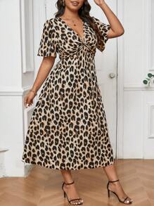SHEIN Frenchy Plus Size Fall Vintage Leopard Print Short Sleeve Kink Cinched 
Waist Dress - Multicolor - View 5