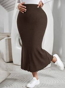 SHEIN Essnce Plus Size Summer And Autumn Casual Slim Fit Comfortable Brown Textured Fabric Elastic Waist Long Skirt,Back To School Clothes,Fall - Coffee Brown - View 6