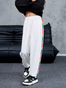 SHEIN Explorewe Tween Girls' Casual Sporty Colorful Print Elastic Waist Long Pants - White - View 6