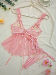 SHEIN Bộ đồ lót thêu lưới gợi cảm cho nữ - Màu Hồng  San hô - Xem 2