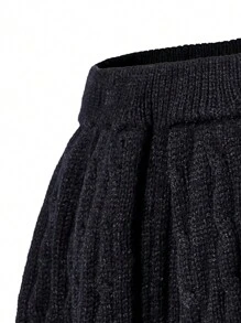 SHEIN Explorewe 少女黑色纯色时尚休闲别致韩版可爱柔软简约百褶裙，适合家居服、日常外出、户外、派对、秋冬季 - 黑色 - 查看 4