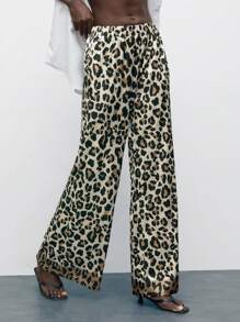 Maija Women's Leopard Print Wide Leg Pants,Beige Chic Autumn Vacation,Bohemian Style Comfortable Fashion Beach Versatile Spring/Summer Wear - Khaki - View 8