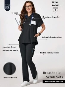 TaskEZ Solid Color V-Neck Short Sleeve Top And Pocket Pants  Uniform Set, Scrub Sets - Black - View 1