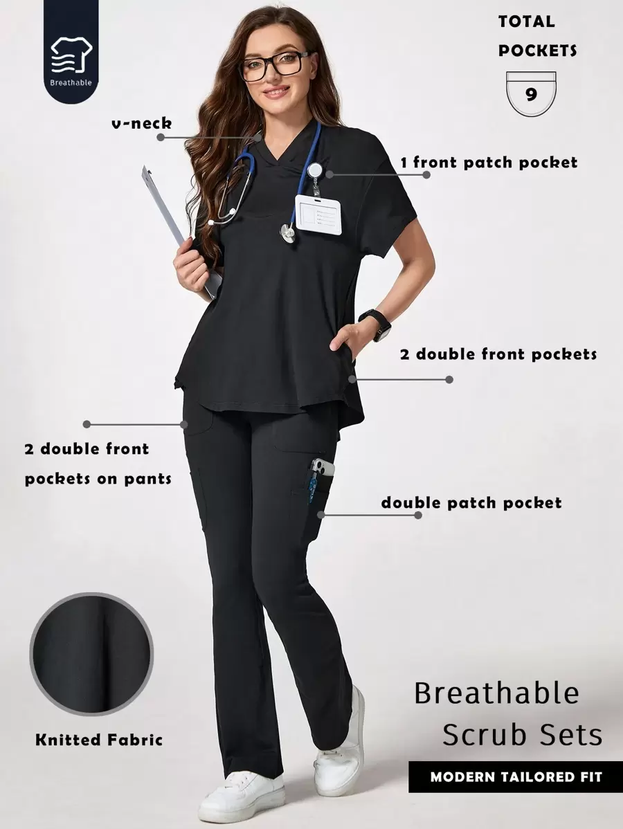 TaskEZ Solid Color V-Neck Short Sleeve Top And Pocket Pants  Uniform Set, Scrub Sets - Black - View 1