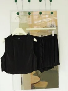 SHEIN EZwear Plus Size Summer Casual Solid Color Tank Top And Shorts 2-Piece Set - Black - View 3