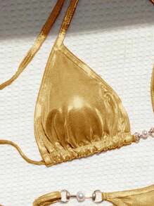 SHEIN Swim 女士夏季海滩纯色金属领口吊带性感比基尼套装、泳衣 - 金色 - 查看 3