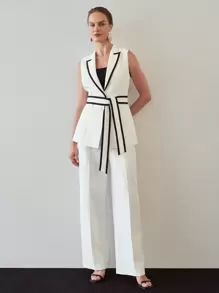 MOTF PREMIUM CONTRAST PIPING PEAK COLLAR BELTED WAISTCOAT