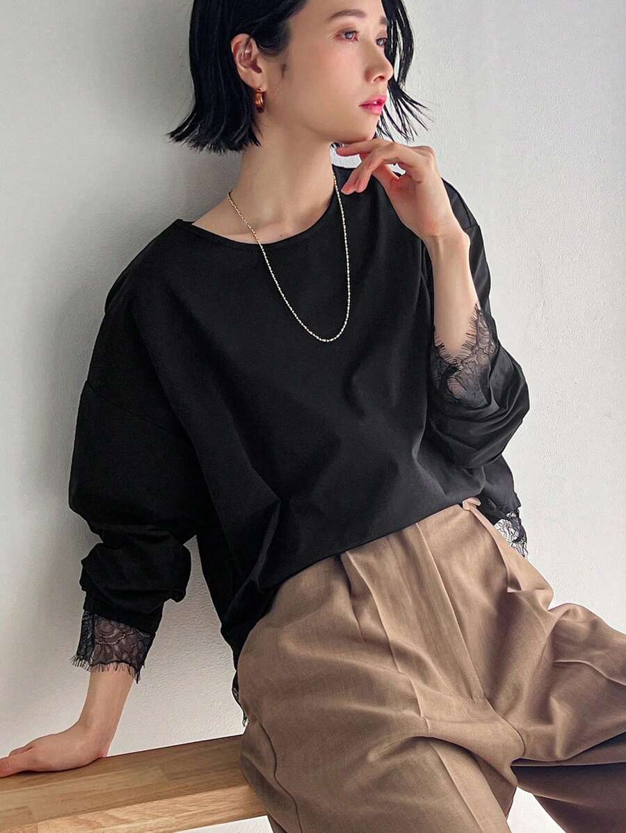 FRIFUL Camiseta holgada de manga larga para mujer de cuello redondo y unicolor de Primavera/Verano con borde de encaje, parte superior casual