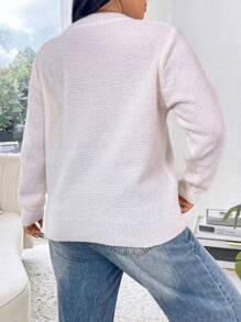 Calvaya 大码女式圆领长袖镂空刺绣休闲针织套头衫，秋冬款 - 白色 - 查看 2