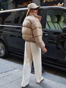 EURMUSE Solid Color Zip Up Padded Coat - Beige - View 3