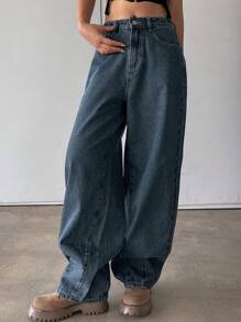 DAZY Solid Color Loose Fit Maxi Denim Harem Pants For Women - Blue - View 5