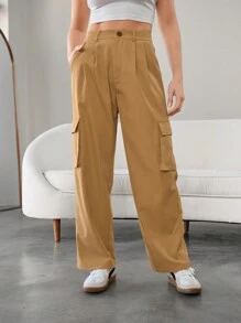 Seusyu Pantalon droit décontracté de couleur unie avec poches et boutons pour femmes - Kaki - Voir 3