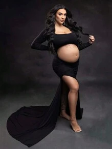 Vestido largo de manga larga para maternidad con espalda descubierta y abertura lateral, para sesión de fotos o baby shower - Negro - Ver 6