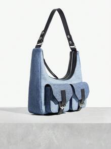 SHEIN SXY TÚI ĐEO VAI NỮ, TÚI HOBO, Thời trang, Cá nhân hóa, Đơn giản, Đa năng, Đường phố, Hiệu ứng denim, Nối, - Màu xanh lam - Xem 3