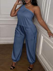 Slaydiva Plus Size Off-Shoulder Jumpsuit For Women - Blue - View 6
