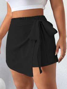 Elenzga Plus Size Women's Asymmetrical Hem Tie-Knot Side Casual Skort - Black - View 6