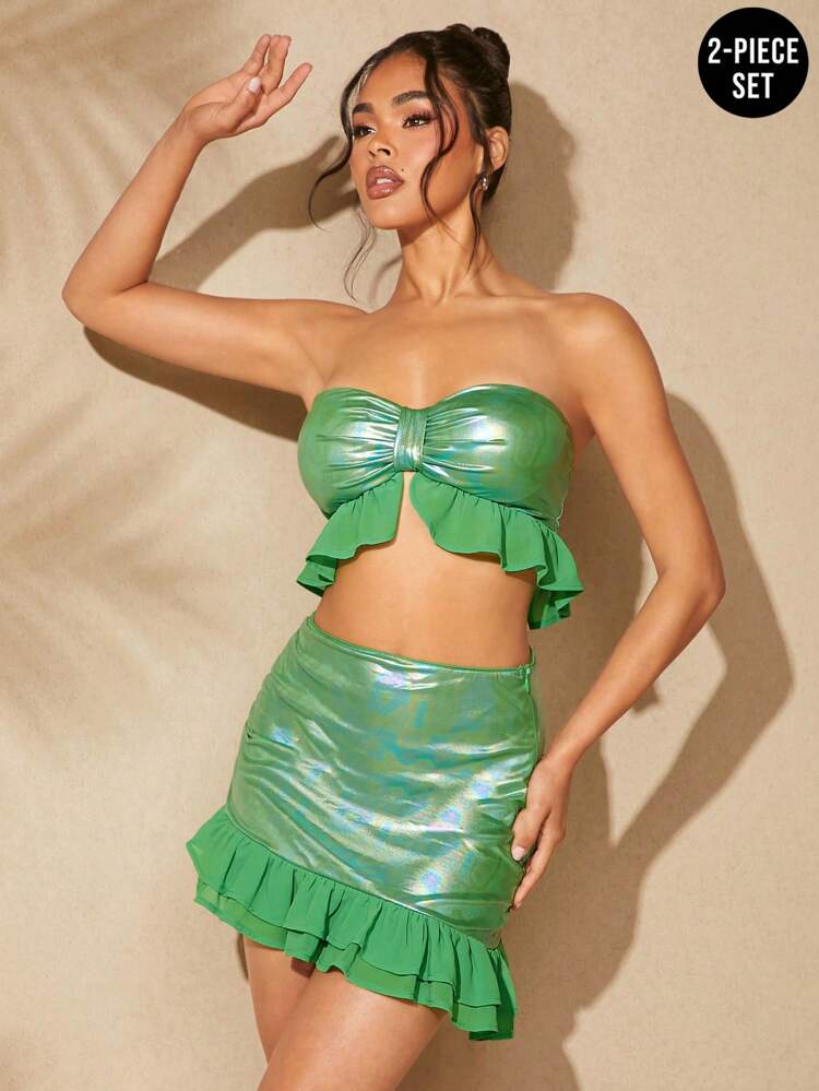 Bow Bandeau Top With Ruffle Trim & Mini Skirt Two Pieces Set