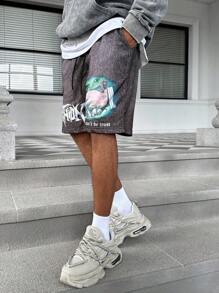 PAVTROS Quần Short Thắt Lưng Dây Rút Họa Tiết Tay & Khẩu Hiệu Cho Nam - màu đen - Xem 6