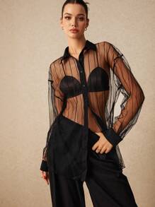 SHEIN Frenchy 女式薄纱简约黑色条纹长袖薄纱衬衫，黑色衬衫，黑色外层半透明衬衫，长袖衬衫，商务休闲上衣，黑色长袖，薄纱衬衫，秋季套装，轻松时尚必备法式单品 - 黑色 - 查看 2