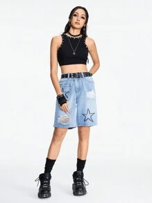 ROMWE Grunge Punk Shorts de mezclilla sueltos rectos de talle medio para mujer con bordado de estrella, diseño de graffiti, rasgaduras y varios bolsillos - Azul - Ver 6