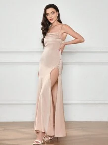 SHEIN Belle Sleeveless Split Thigh Elegant Bridesmaid Dress - Pink - View 4