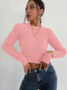 Chiquease Casual Solid Color Cable Knit Crop Sweater, Spring/Autumn Knit Pullover Fall Winter Outfit