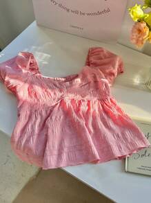 SHEIN Unity 宽松荷叶边纯色泡泡袖纽扣衬衫，中式领，夏季，短袖上衣 - 粉色 - 查看 1