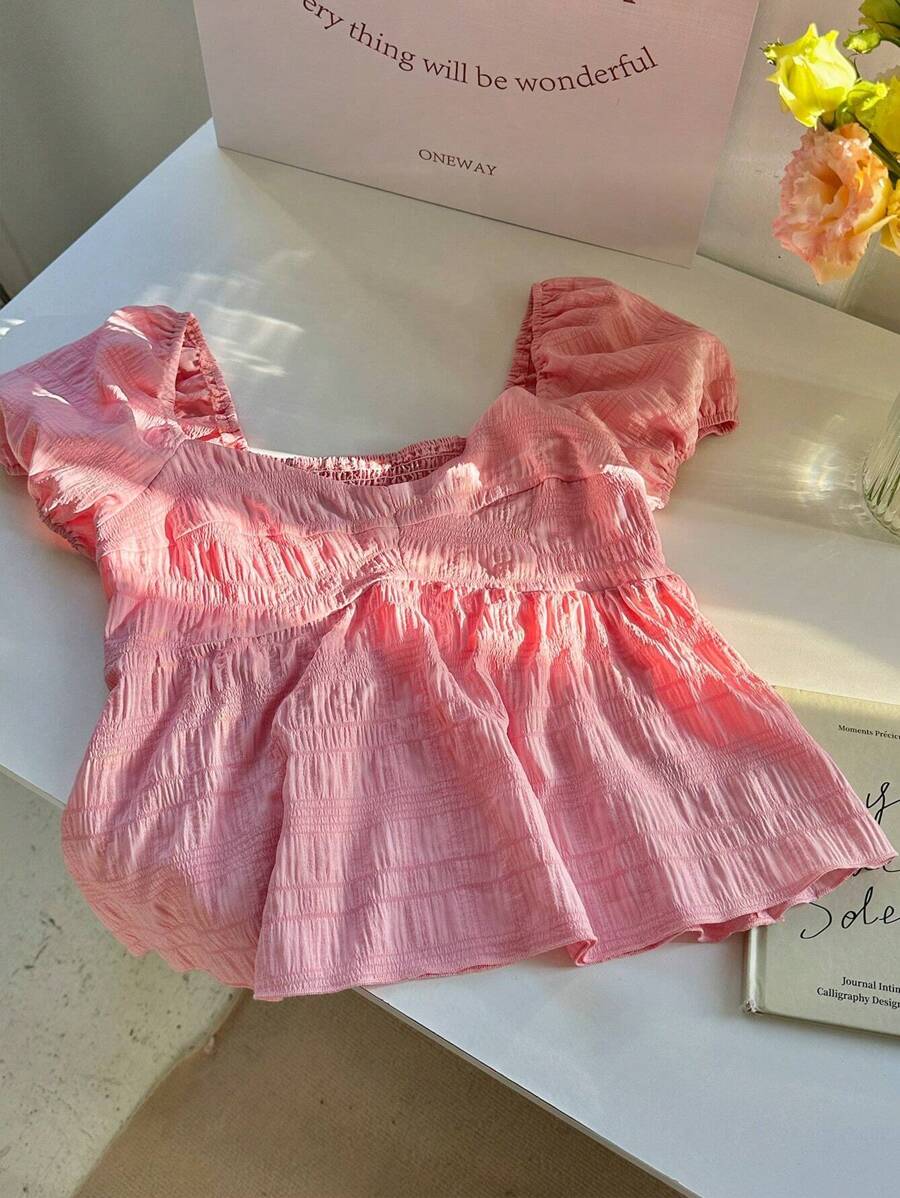 SHEIN Unity 宽松荷叶边纯色泡泡袖纽扣衬衫，中式领，夏季，短袖上衣 - 粉色 - 查看 1