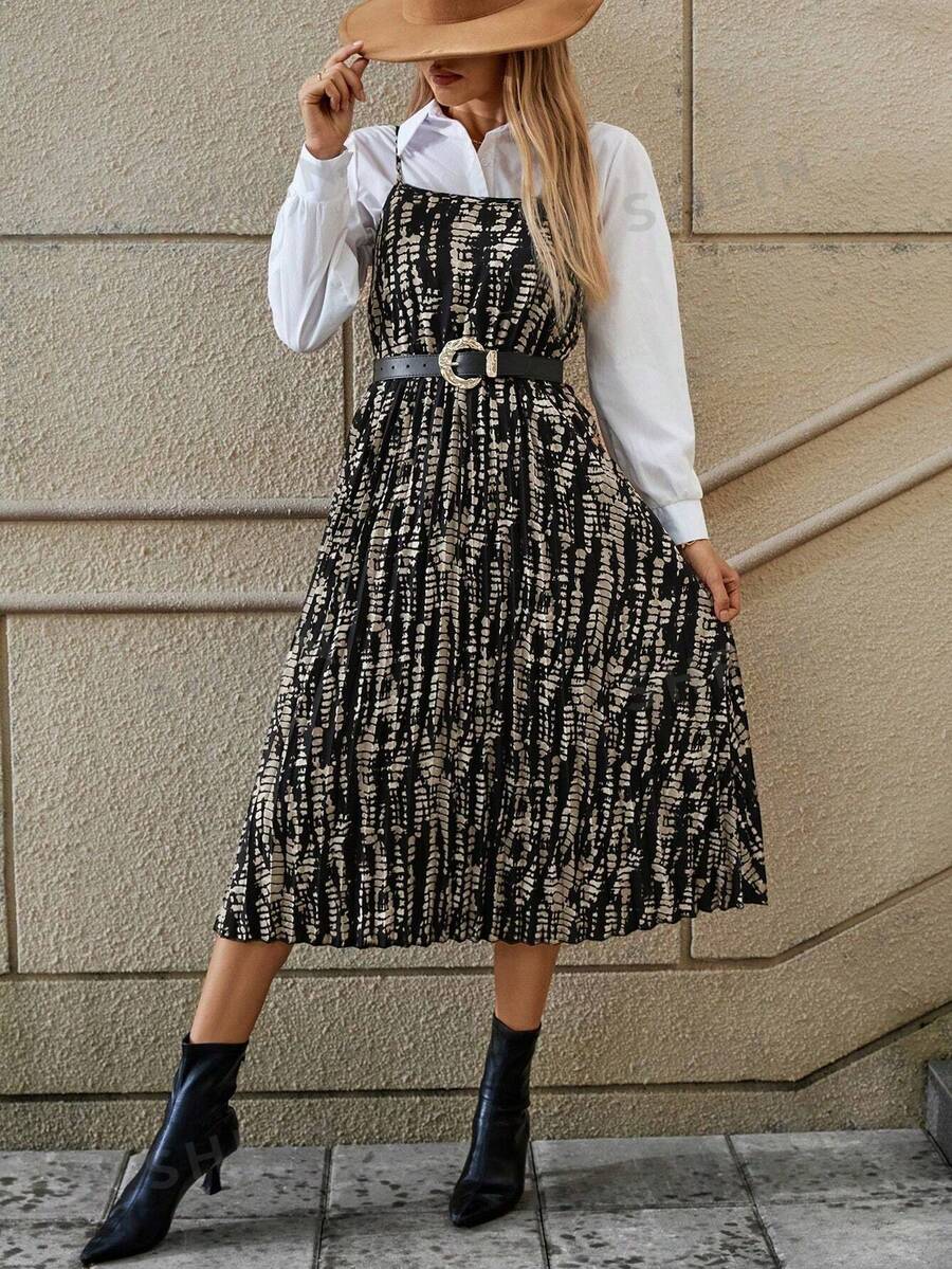 SHEIN Clasi Vestido de verano sin mangas con tirantes espaguetis con estampado completo