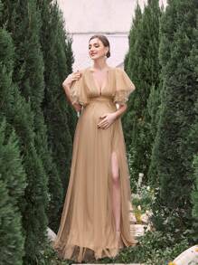 Faeriesty Dressalisa Luxury Maternity Gown&Babyshower Dresses: Deep V-Neckline, Flutter Sleeves & Thigh-High Slit Elegance - Formal Baby Shower Dresses For Bridal Luncheons, Pregnancy Photoshoots, Church Blessings, Evening Galas, Upscale Maternity Portraits