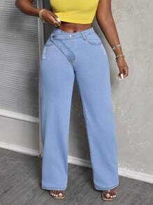 Slaydiva Jeans de mezclilla casual sencillo y liso para mujer - Lavado ligero - Ver 2
