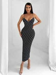 SHEIN SXY Vestido elegante y sexy de lunares blanco y negro con espalda descubierta y mariposa para mujeres