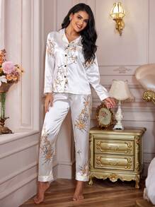 LuxeNights Floral Print Patched Pocket Contrast Piping Satin Pajama Set White Set Bridal Lingerie, Fall Winter Clothes Cozy And Elegant Details - White - View 5