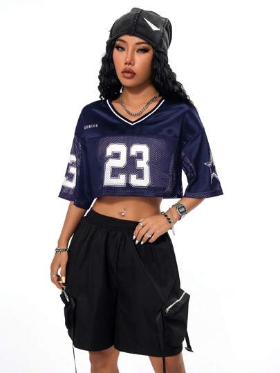 SHEIN Coolane Women's Street-Style Cool Vintage Sport Soccer Jersey Letter Print Y2K Blokecore Cropped Versatile T-Shirt