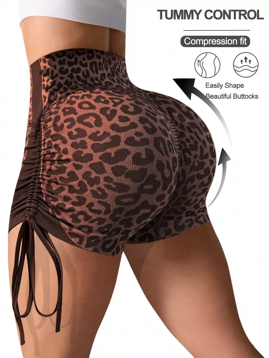 Menodora SHEIN Sport Leopard Print Drawstring Side Sports ShortsWomen Sweat Short, Gym Short, Biker Short - Coffee Brown - View 1