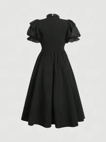 SHEIN MOD Black Flutter Sleeve Tie Front Midi Dress, Patchwork Flared, Plus Size Women's Long Dress,Graduation Dress - Black - View 2