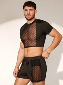 FeverCity Men's Contrast Mesh Slim Fit Short Sleeve T-Shirt Outfit, Suitable For Summer - Black - View 5