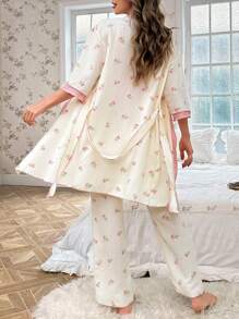 Women's Floral Print Bubble Crinkle Top And Pants Pajama Set