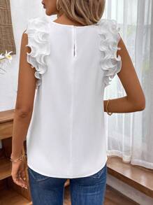 SHEIN LUNE Loose Fit Ruched Frill Edged Top With Round Neck And Flared Hem - White - View 2