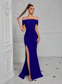 ADYCE Off-The-Shoulder Ruched Front Slit Cocktail Party Dress Formal Evening Prom Wedding Guest Dress, For Graduation, Dinner - Royal Blue - View 1