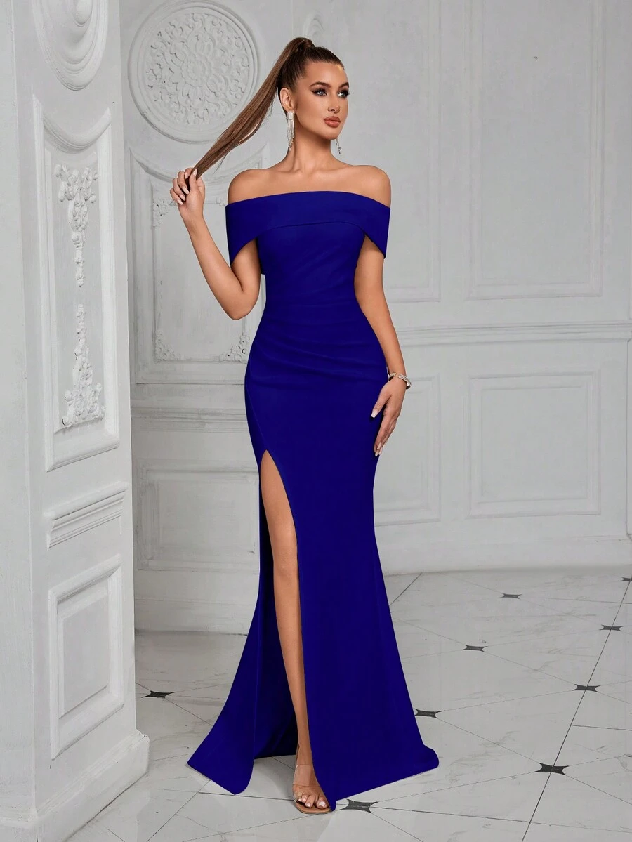 ADYCE Off-The-Shoulder Ruched Front Slit Cocktail Party Dress Formal Evening Prom Wedding Guest Dress, For Graduation, Dinner - Royal Blue - View 1