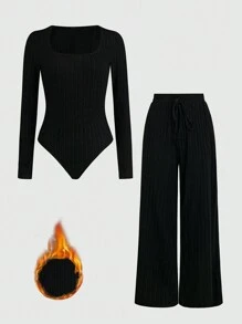 Chiquease 2pcs Square Neck Ribbed Long Sleeve Bodysuit And High Waist Decorative Belt Straight Leg Pants Set - Black - View 1