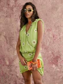 COSMINA Hellgrüner Chiffon Stoff mit roten Pailletten und Metallfäden, bestickt, hochwertiges Handwerksgewebe, elegante, sexy ärmellose Bluse mit plissierten Schultern, Schleife an der Seite, Polsterschultern - Lindgrün - Übersicht 5