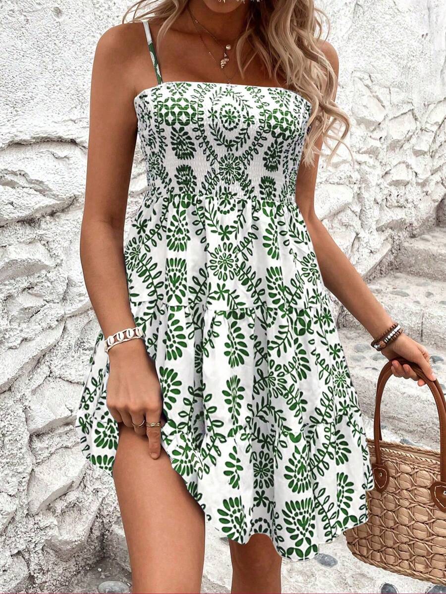 SHEIN LUNE Women's Vintage Style Printed Casual Spaghetti Strap Dress