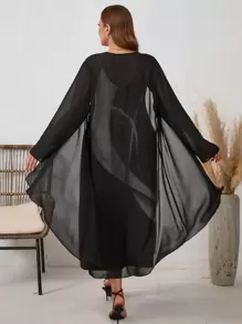 SHEIN LUNE 2pcs Plus Size Women's Printed Long Sleeve Shawl Cardigan And Camisole Dress Set Fall Women Clothes Women Clothing Sets Travel Outfit Airport