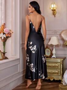 LuxeNights Floral Print Satin Cami Pajama Nightdress Long Dress Luxeloungewear, Vacation