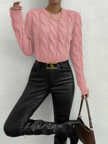 Chiquease Casual Plain Color Cable Cropped Sweater, Autumn Spring, Knit Pullover Fall Winter - Pink - View 7