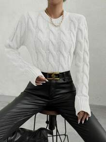 Chiquease Plain Crew Neck Long Sleeve Casual Pullover Sweater - White - View 5