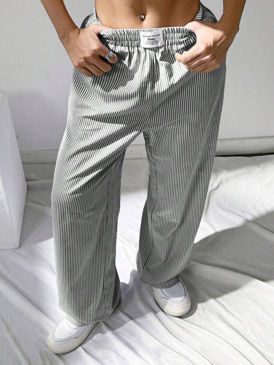 SHEIN EZwear Plus Size Loose Striped Casual Pants, Summer - Black - View 1