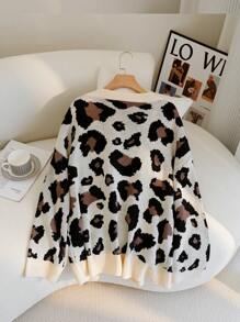 SHEIN EZwear Plus Size Leopard Print Sweater Coat For Autumn & Winter - Brown - View 2